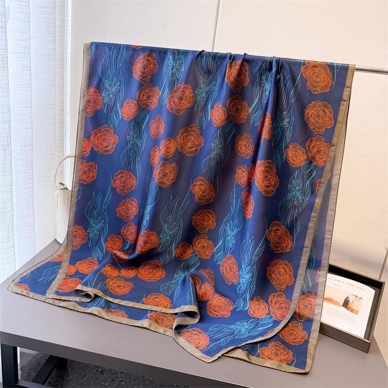 Spring And Summer Thin Print Simulation Silk Brocade Sunscreen Light Rhyme Blue Flower Silk Scarf Long Scarf Shawl Versatile Headscarf Scarf