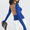 Streetwear Oneck Slim Outfits Women Long Sleeve Backless Tshirts Cropped Tops Solid Color