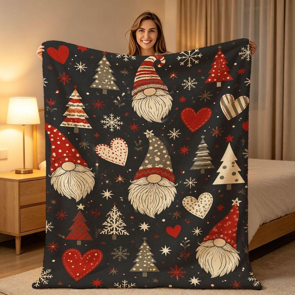 Festive Dark Blue Gnome Heart Tree Throw Blanket Plush Couch Cover For Cozy Winter Holiday Home Decor Gift