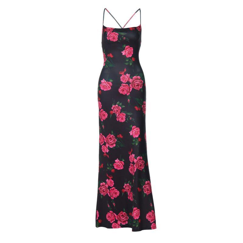 Shemoda Retro Rose Printing Slip Dress Female Elegant Sexy Backless Lace up Cinched Waist over-the-Knee Long Dress