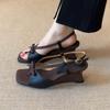 Fashion Wedge Open Toe Sandals Women Summer New Vintage Square Toe Open Toe Bow Color Block One Strap Fashion High Heels