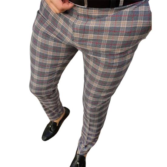 Mid-rise Zipper Button Fly Pockets Men Pants Autumn Plaid Print Straight Fit Casual