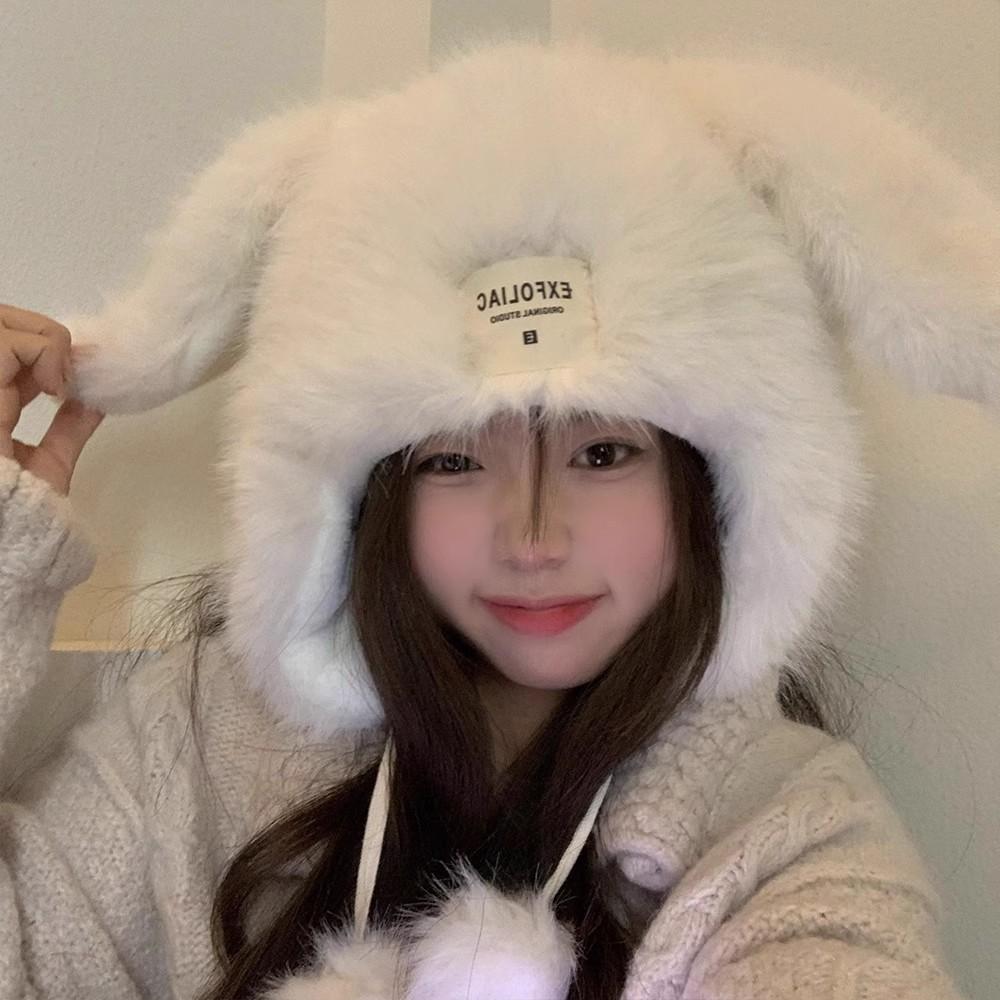 Winter plush cold-proof and warm pullover hat, new casual versatile long-eared cute hairball, sweet and comfortable ear protection hat