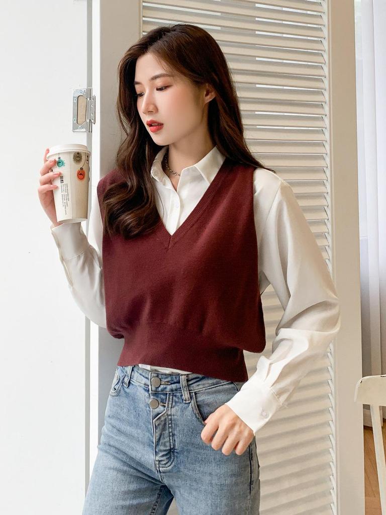 Women's Korean Style Knit Pullover Vest - Casual College Sweater Top
