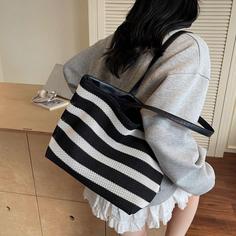 Korean Style Black and White Striped Tote Bag Large Capacity Hollow Shoulder Bag Girls
