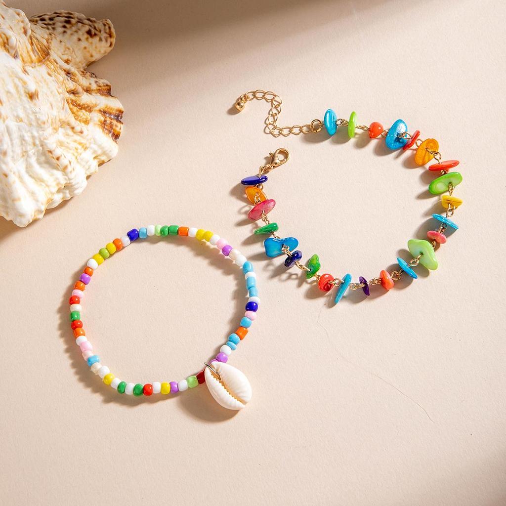 2 SZT. Boho Fashion Kolor Muszli Koraliki Bransoletka na Kostkę Zestaw Biżuteria dla Kobiet Wakacje na Plaży Dopaminowy Łańcuszek na Kostkę Ręcznie Robiona Biżuteria