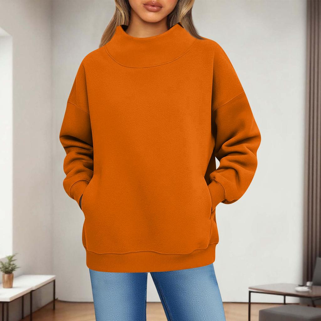 Women's Fashionable Casual Solid Color Round Neck Long Sleeved Pocket Sports Casual Pullover Sweatshirt Top