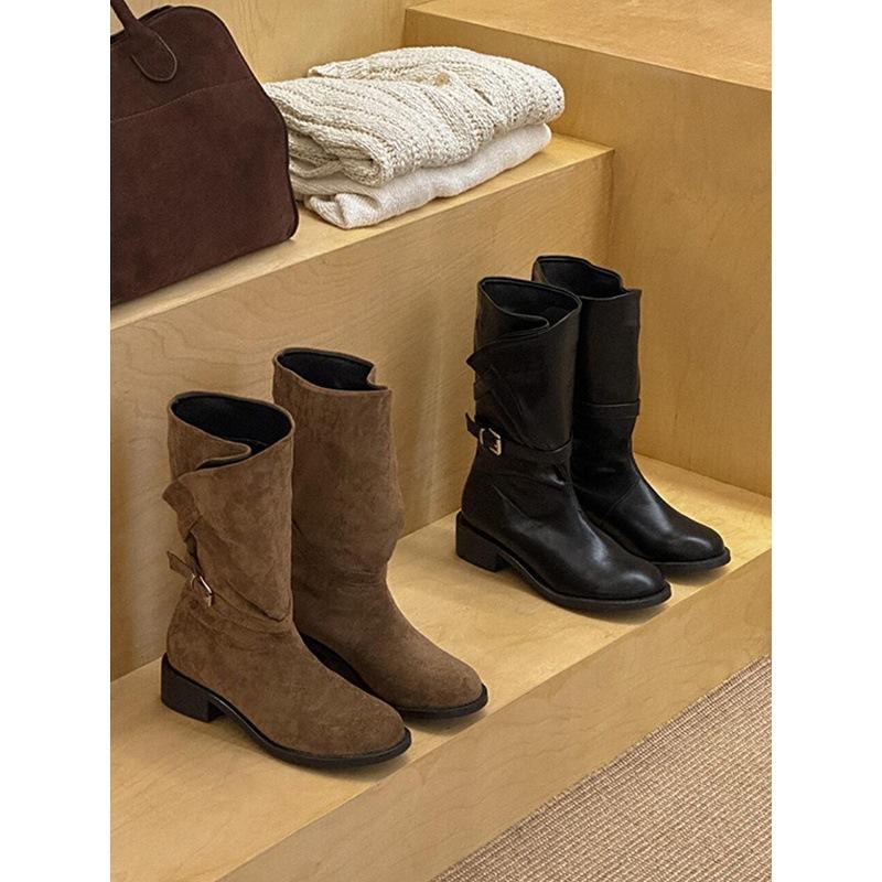 Cowhide version~ New niche wide tube western cowboy boots women's thick heel leather locomotive knight boots Martin boots