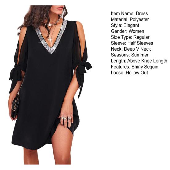 Women Summer Dress Shiny Sequin Hollow Out Deep V Neck Knot Patchwork Dress-up Loose Office Lady Party Mini Dress Women Clothes