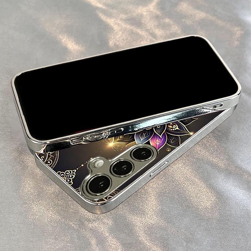 Mandala Lotus Pattern Electroplate Silver Phone Case For Samsung Galaxy S26 S25 S24 S23 Ultra Plus FE Tempered Glass Cover