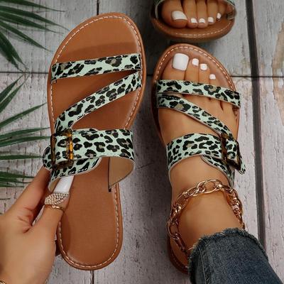 Summer New Leopard Print Flat-bottomed One-word Slippers European and American Large-size Sandals