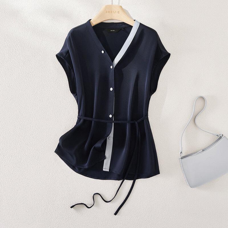 IHIMI Women s French Lightweight Textured Short-Sleeve V-Neck Shirt M темно-синий