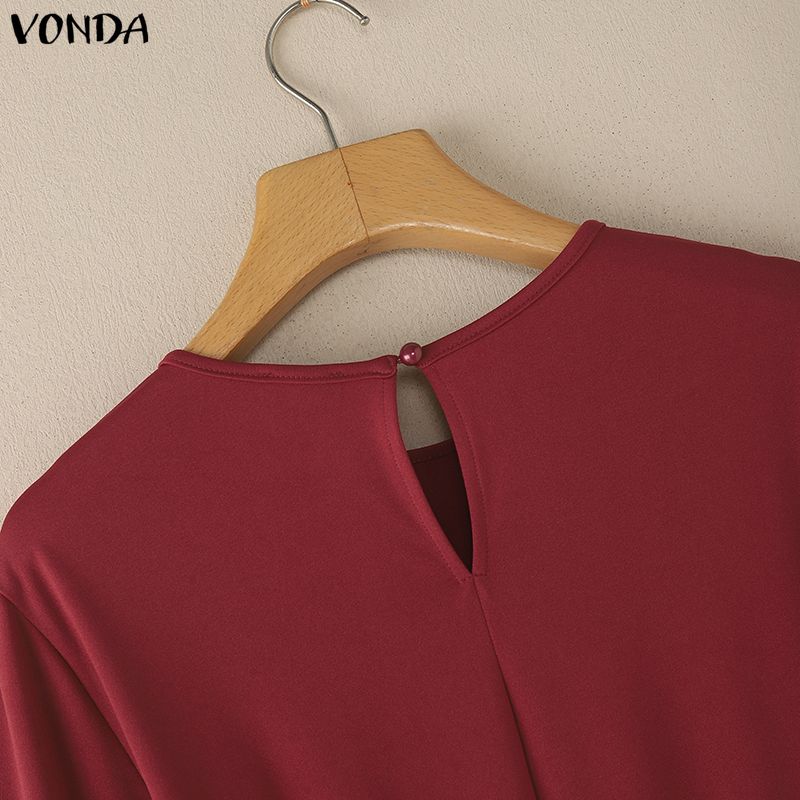 VONDA Women O Neck Long Sleeve Patchwork Polka Dots Ruffled Hem Casual Tunic Mini Dress