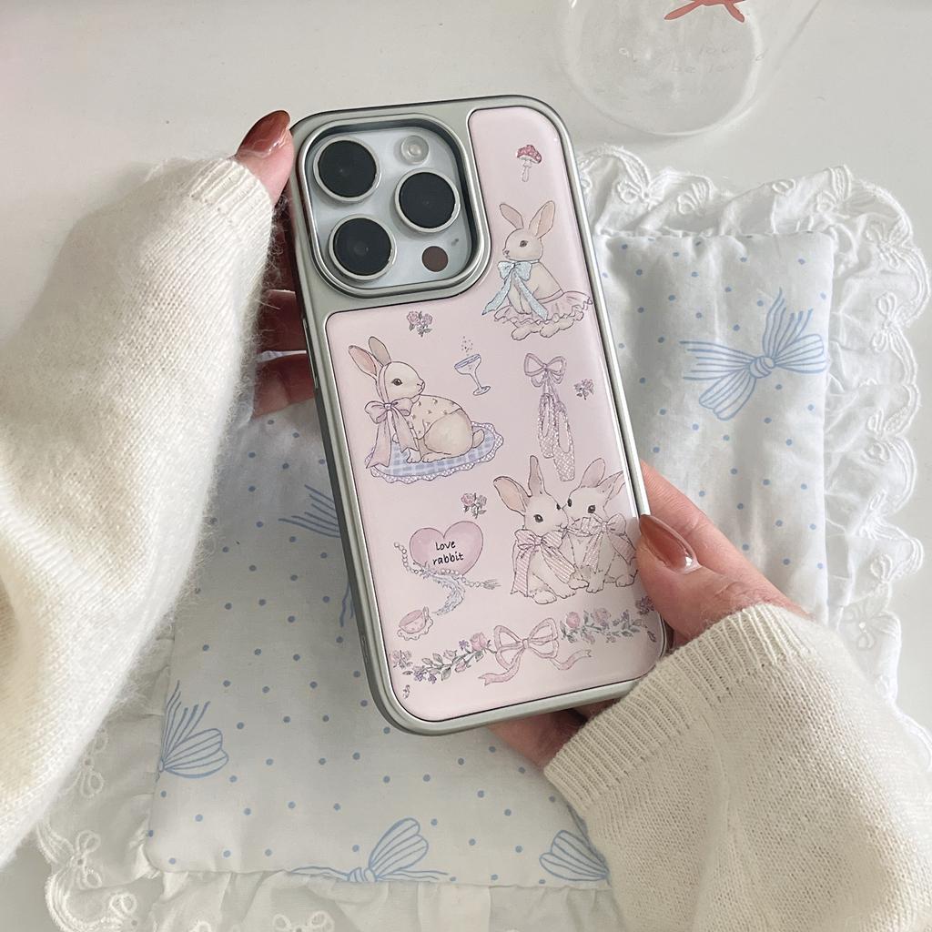 Korean Trendy Niche High-end Silver Edged Pink Bow Rabbit Phone Case For iPhone 17 16 15 14Pro Max 11 12 13 78PLUS XR Soft Cover