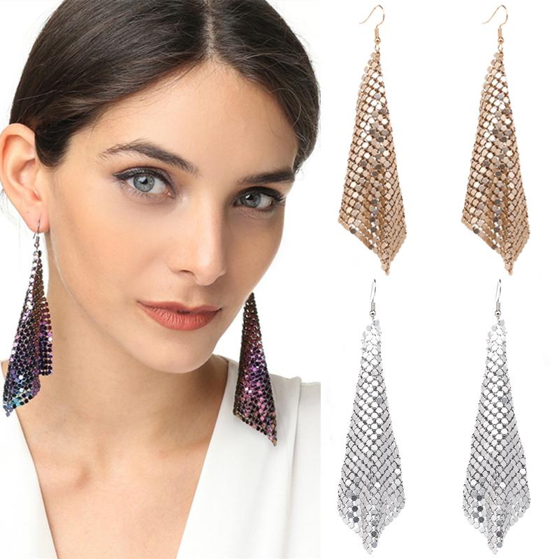 Fashion Metal Sequin Geometric Sheet Long Drop Dangle Earrings For Women Exaggerated Attractive Trendy Female Earrings Zircon