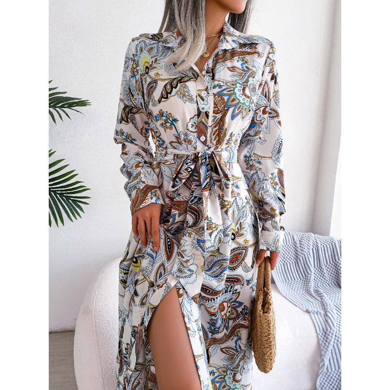 Women's Long Dress Summer Long Sleeve Vintage Floral Lapel Tied Shirt Dress Women Fashion Single Breasted Loose Casual Office Ladies Dresses