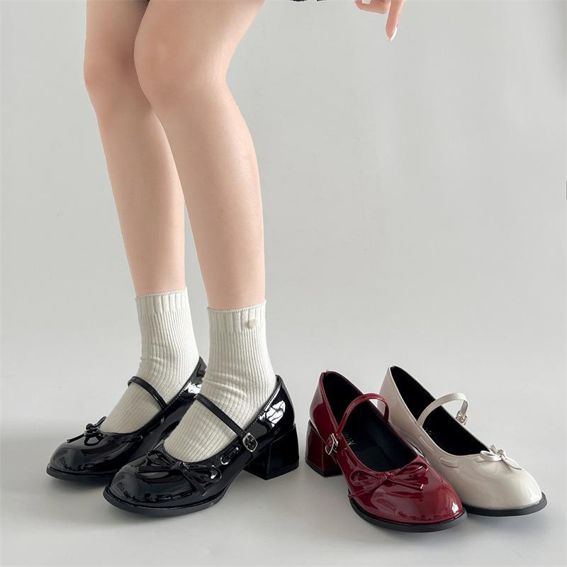 Red French round head jk with skirt thick high heel small leather shoes summer height increase Mary Jane single shoes