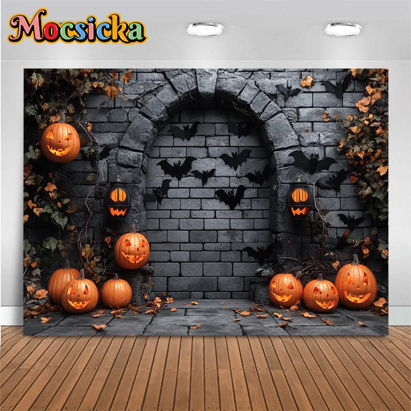 Mocsicka Halloween Photography Background Grey Brick Wall Bats Decorations Autumn Pumpkin Party Photo Backdrops Studio Wallpaper