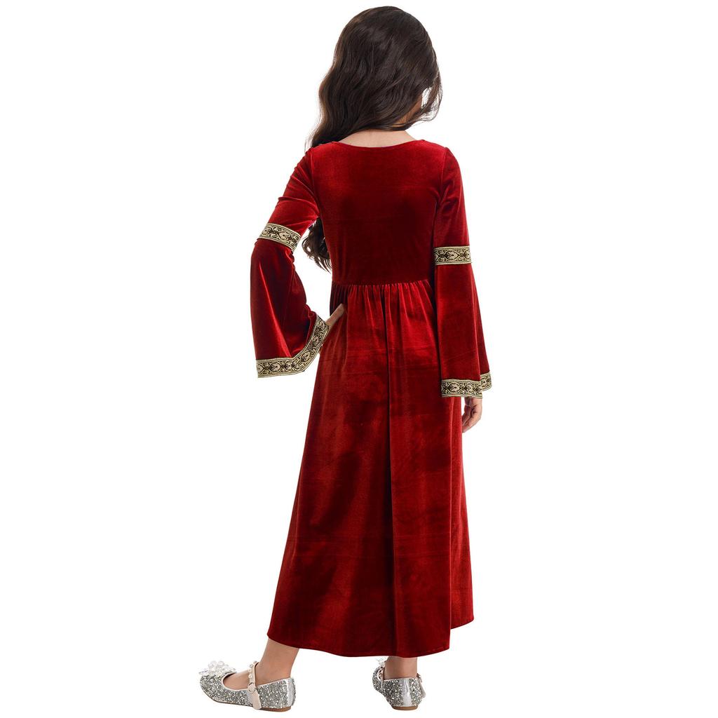 Girls Medieval Princess Velvet Dress Long Flare Sleeve Retro Patterned Band Dress Up Costume Royal Party Gown