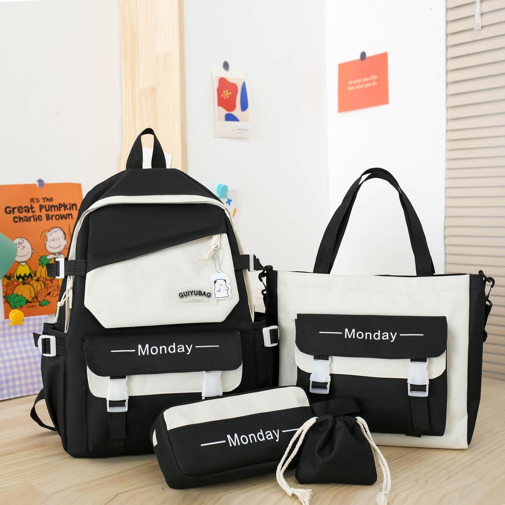 Four-piece Schoolbag Korean Version Simple Junior High School High School Campus Student Bag College Student Backpack Fresh Cute Backpack