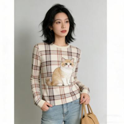Printemps Europe Amérique Mode Animal Chat Imprimé T-shirt Femme Pull Décontracté Femme Manches Longues Vêtements Extérieur Décontracté T-shirts Haut