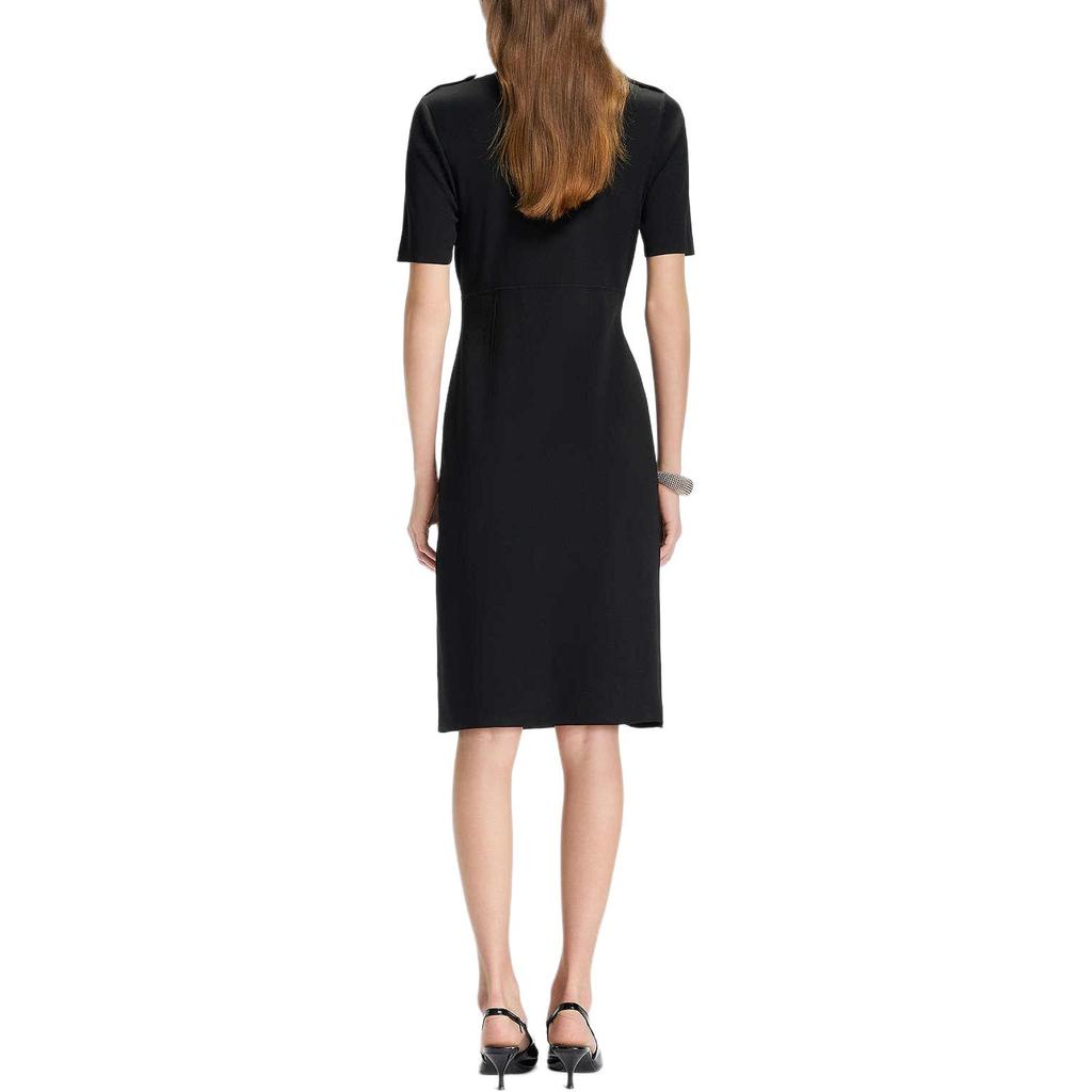 Karl Lagerfeld Romantic Date Solid Color Waist-Defined Knit Side-Slit Short Sleeve Dress Women Dresses Black M21E1322