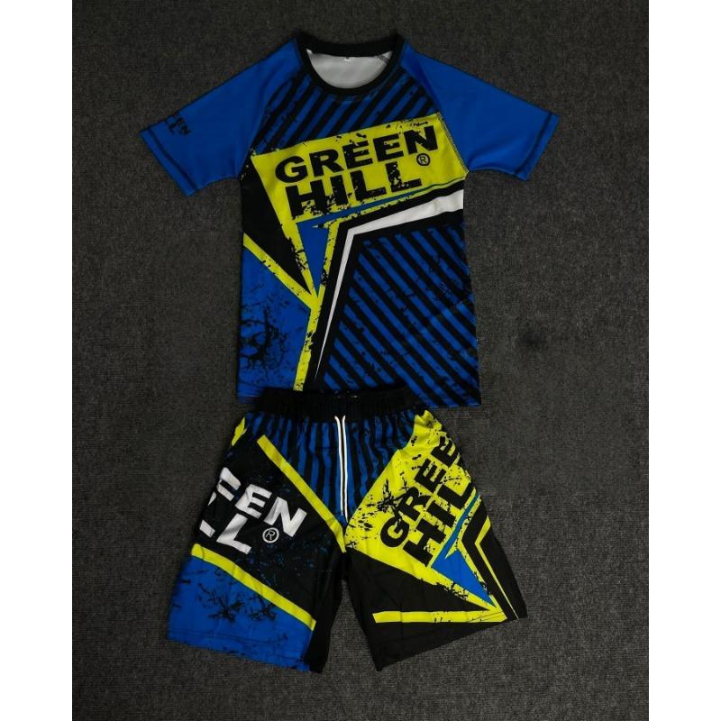 Men's Red Blue Stripe Print Rash Guard & Shorts Quick Dry MMA Style Compression Sport Set Breathable Athletic Training Uniform