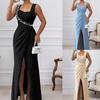Elegant Square Neck Sleeveless Evening Dress With Beaded Embellishment Ruched Waist High Side Slit