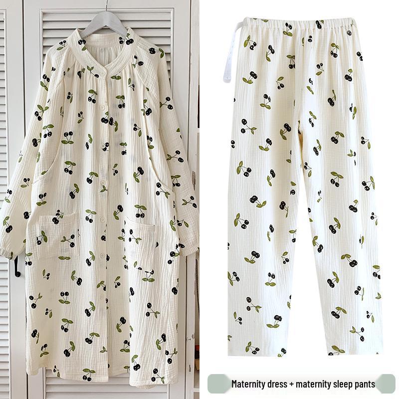 Celobavlněné těhotenské gázové šaty před porodem s kalhotami, poporodní pyžamo a noční košile pro kojení Letní svrchní oděv