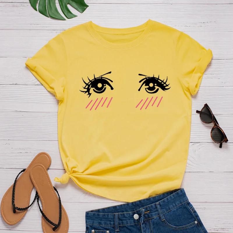 Cute Eyes Shy Face Print Women T Shirt Short Sleeve O Neck Loose Women Tshirt Ladies Tee Shirt Tops Clothes Camisetas Mujer