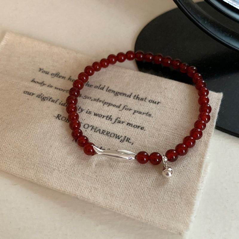 Korean INS Style Handmade Plated Copper Red Agate Fish Charm Bracelet Women Minimalist Layering Jewelry