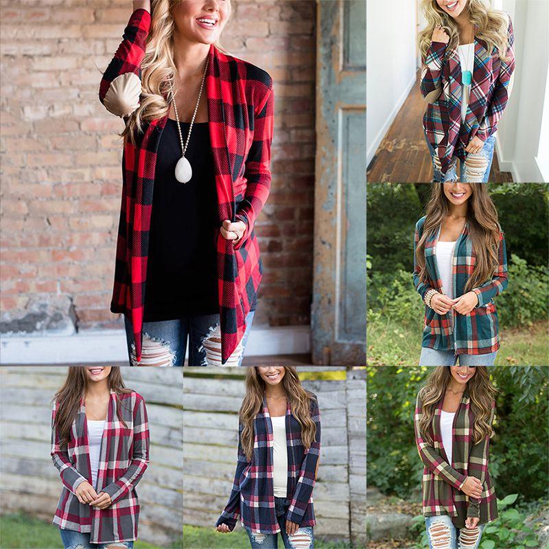Cozy Women Plaids Cardigan T-shirt With Stylish Lapel Collar For Casual Wear