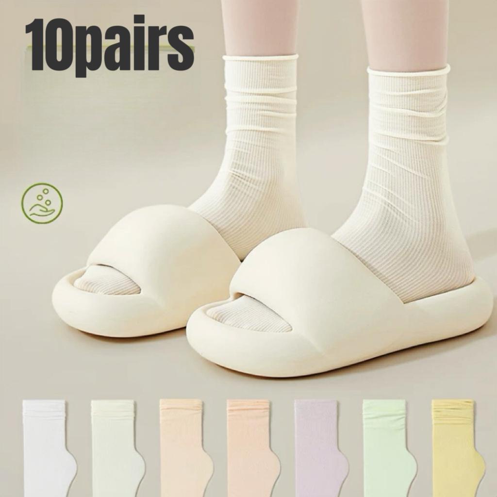 10 Pairs Thin Ice Silk Women's Long Tube Socks Summer Cool Mid Calf Socks Black and White Ice Ice Socks Pile Pile Ladies' Socks