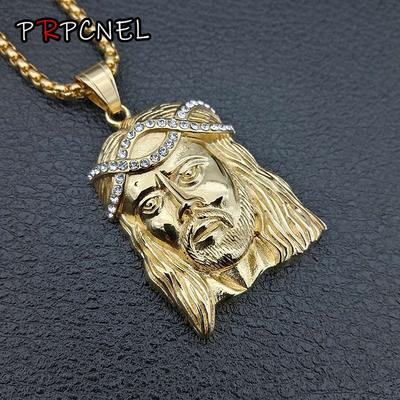 HIP Hop Χρυσό Χρώμα ΙΗΣΟΥΣ Μενταγιόν Κεφάλι Πρόσωπο Κολιέ με Ζιργκόν Αλυσίδα από Ανοξείδωτο Ατσάλι Collier για Άνδρες Χριστιανικά Κοσμήματα