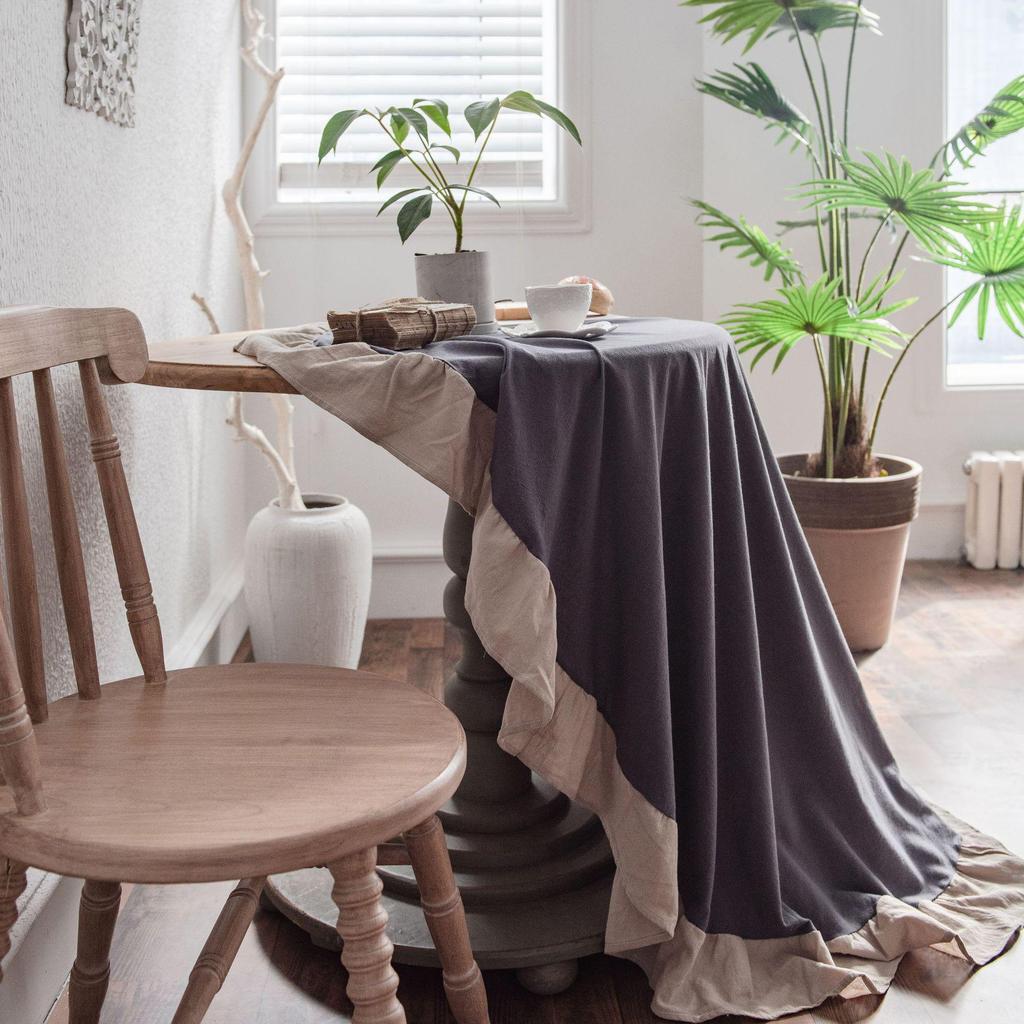 Imanqi Yun Grey Ruffle Washable Cotton Round Tablecloth