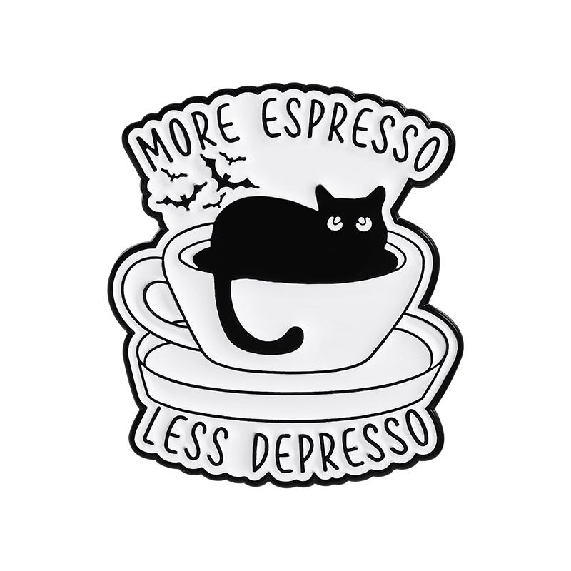 Cute Cat Coffee Enamel Pins Custom MORE ESPRESSO Brooches Lapel Badges Clothes Animal Jewelry Gift for Kids Friends