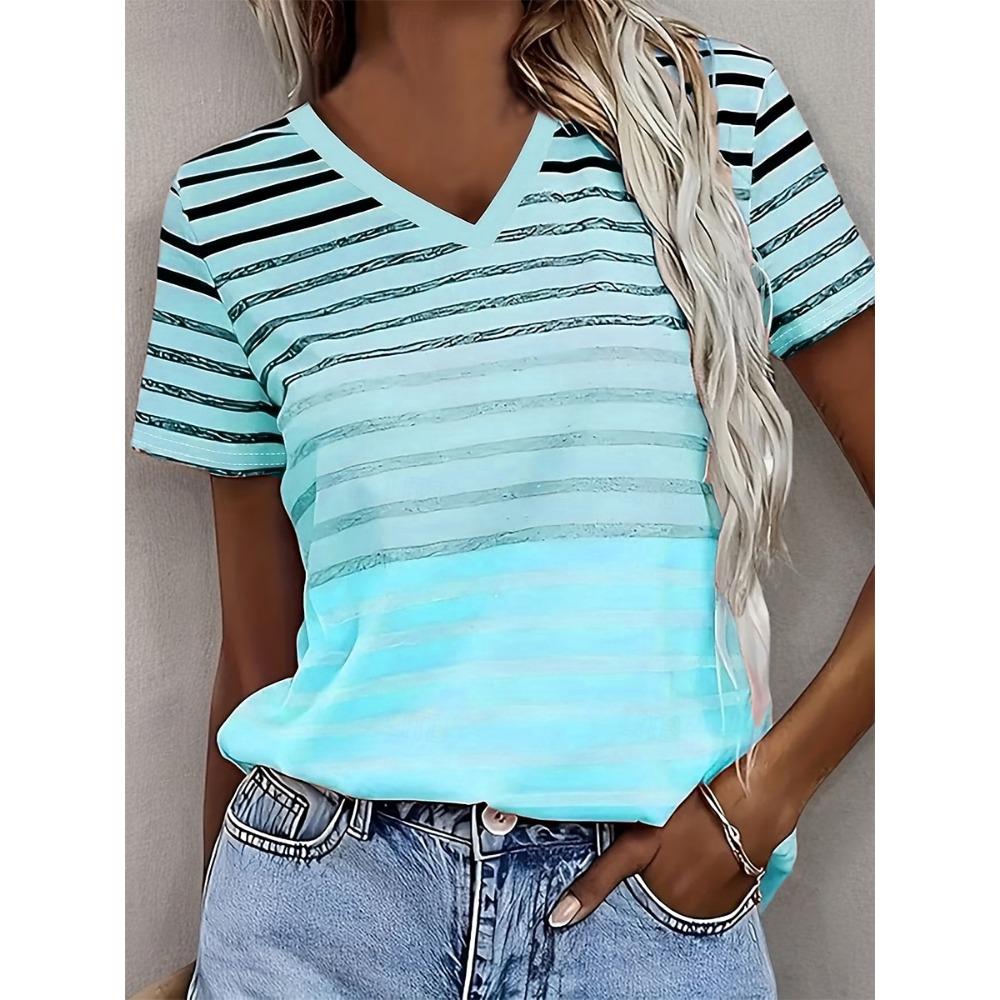 Women's Striped Geometric Graphic V Neck T Shirt, Short Sleeve Casual Tops, Daily Multi Color Look for Spring & Summer