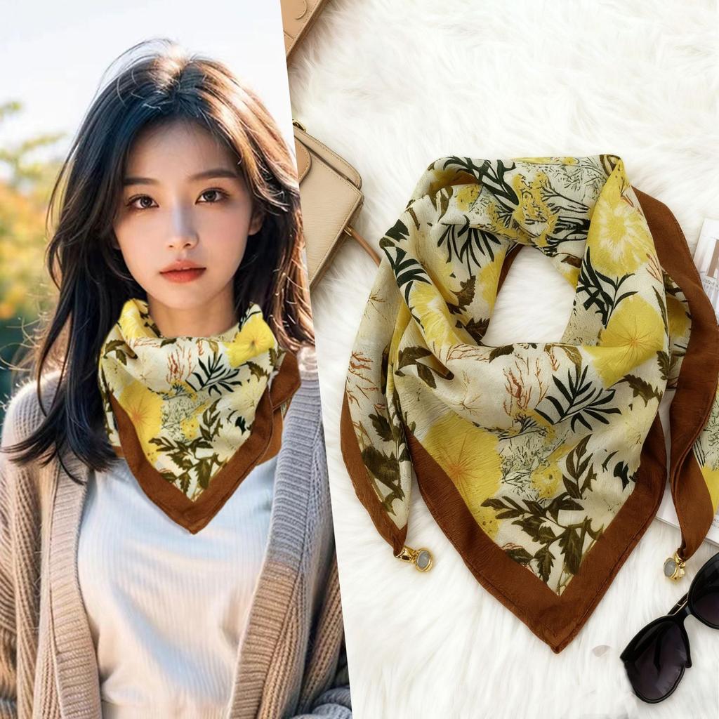 Magnetic buckle cotton and linen small square scarf silk scarf women's spring and autumn versatile neck protection scarf triangular scarf new warm sca