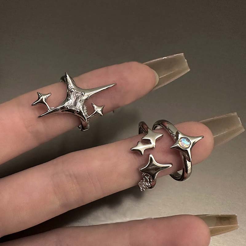Vintage Irregular Cross Star Open Ring for Women Men Punk Gothic Sliver Color Adjustable Couple Rings Y2K Egirl Zircon Gift