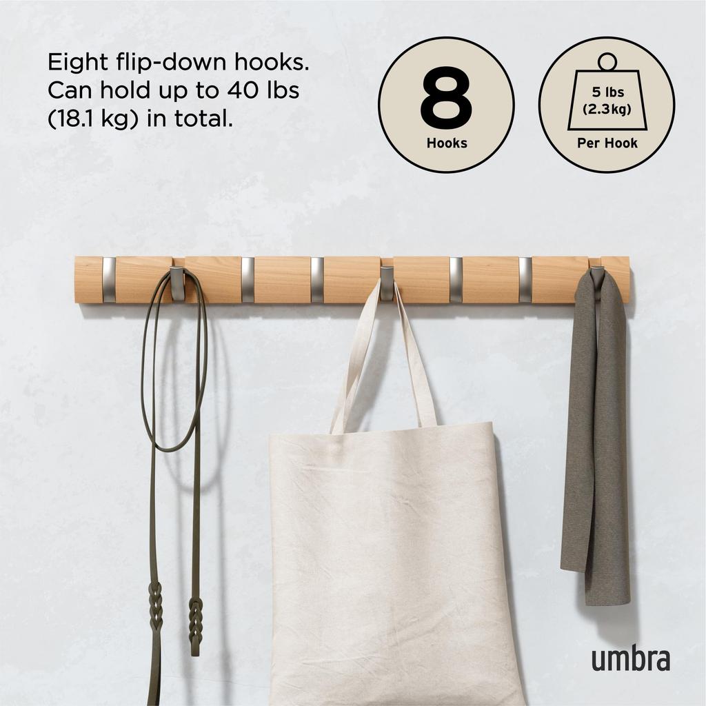 Official Umbra Wall Wall Hanger Storage Flip Natural Hooks, Hooks, Wooden, Modern, Casual, Organizing, Space-Saving, 8-Row Hook, 2318858390,