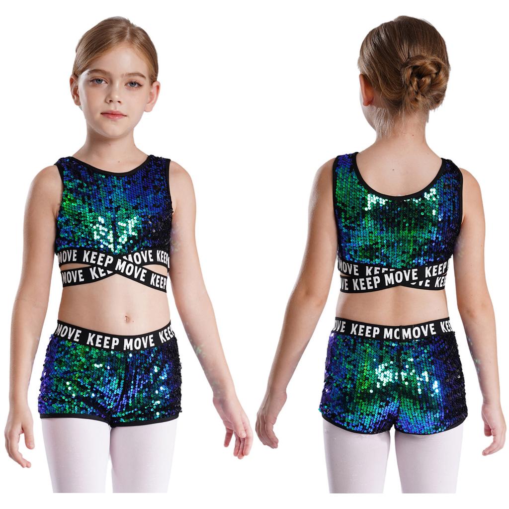 Kids Girls Sparkling Sequins Dance Clothes Set Sleeveless Criss Cross Straps Crop Top with Shorts