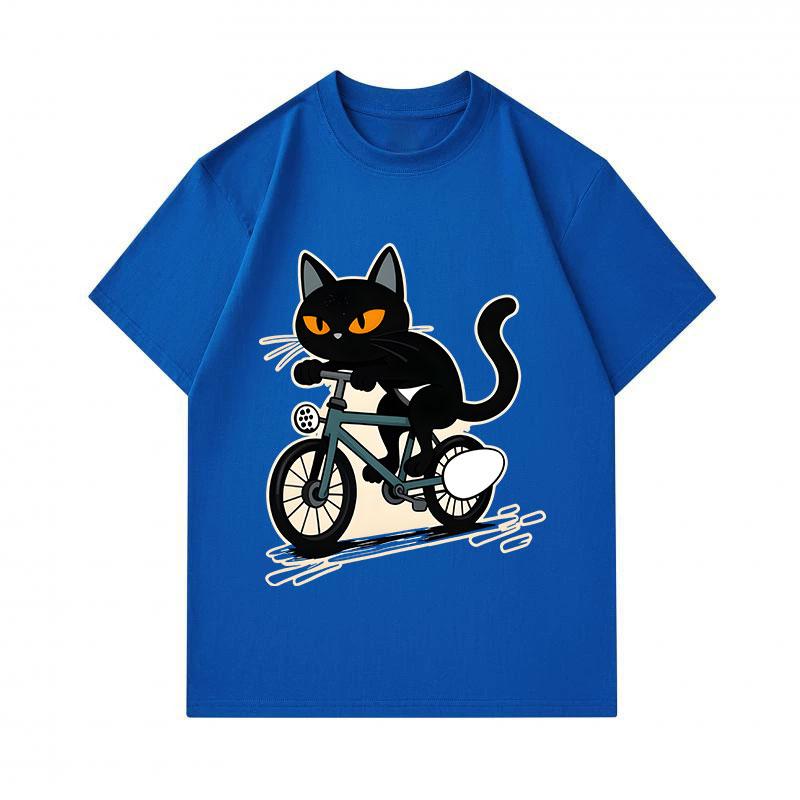 Men's 100% Cotton Crew Neck Short Sleeve T-Shirt, Funny Riding Bicycle Black Cat Graphic Casual Tee, Comfortable Breathable Summer Top for Daily Stree