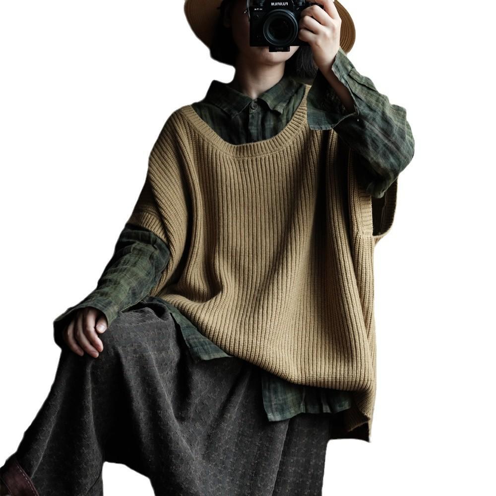 Retro Earth Yellow Wool Oversized Vest Sweater - Autumn Collection