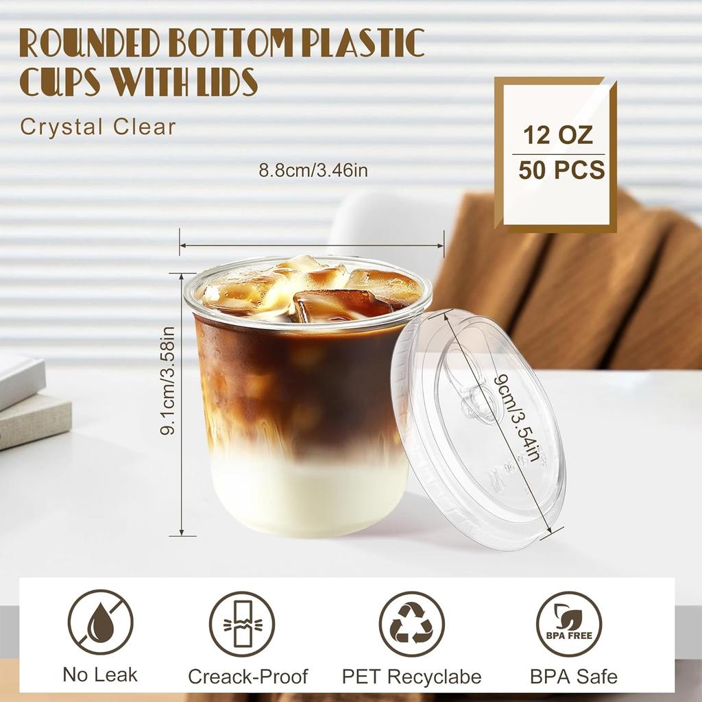 KesaPlan 50 Pack 12oz Clear Plastic Cups with Sip Lids, Disposable Iced Coffee Cup with Strawless Lid for Party Wedding Catering Events, To Go Cups