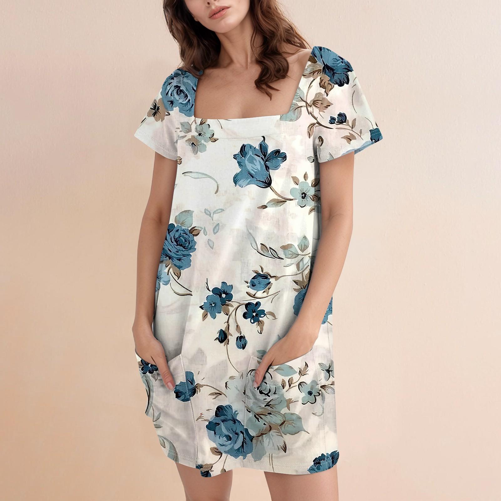 

Женское модное повседневное платье с квадратным вырезом и коротким рукавом XL