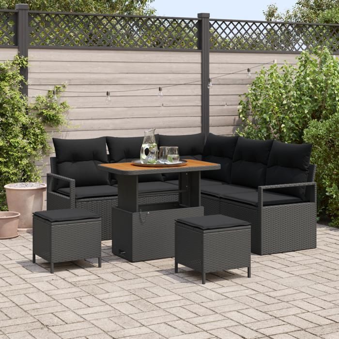 Canapé de Jardin 8 Pièces avec Coussins Noir Poly Rattan Acacia, Canapé de Jardin 2 Places avec Coussins Noir Poly Rattan, 3362524