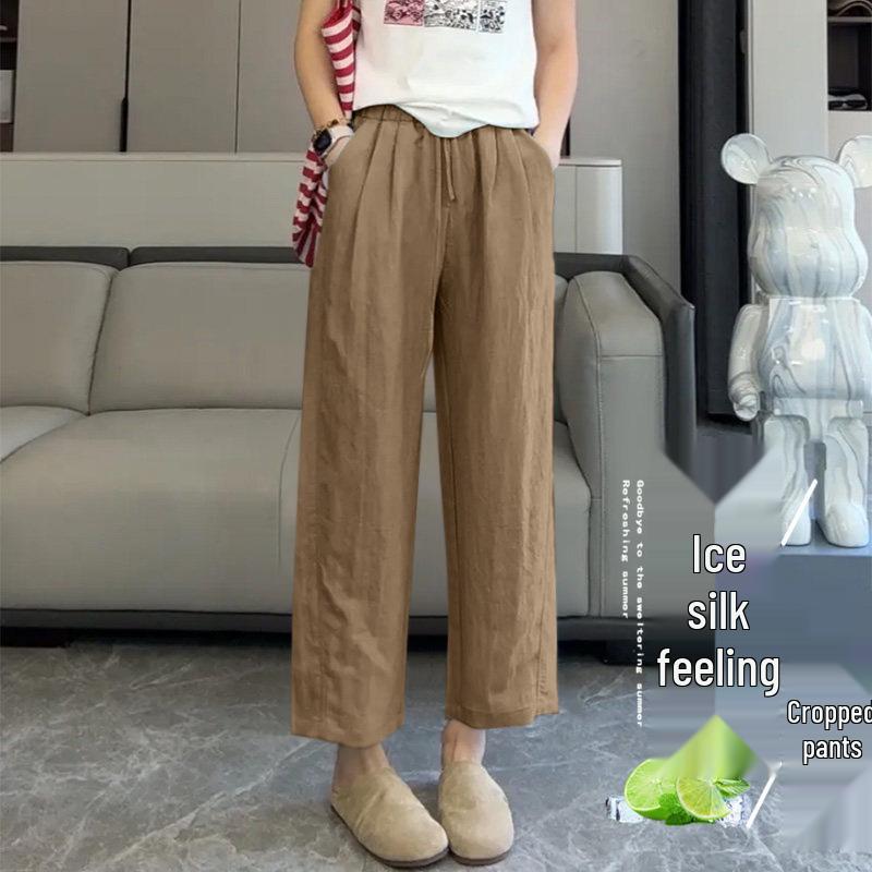 High-Waisted Cropped Ice Silk Trousers for Women - Summer Straight-Leg Sun Protection Pants 2026