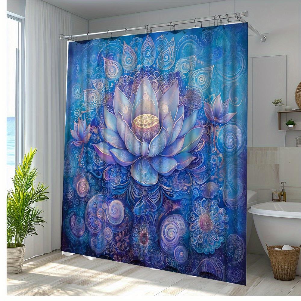 1Pc Mandala For Lotus Shower Curtain - Vibrant Blue Purple Pink Golden Design, Machine Washable Polyester Fabric With 12 Hooks,