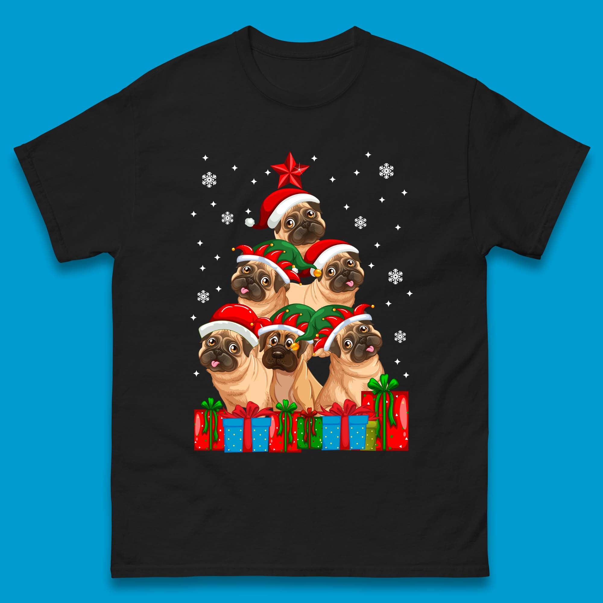 Pug Dog Christmas Tree T-Shirt Womens Tops Tees S