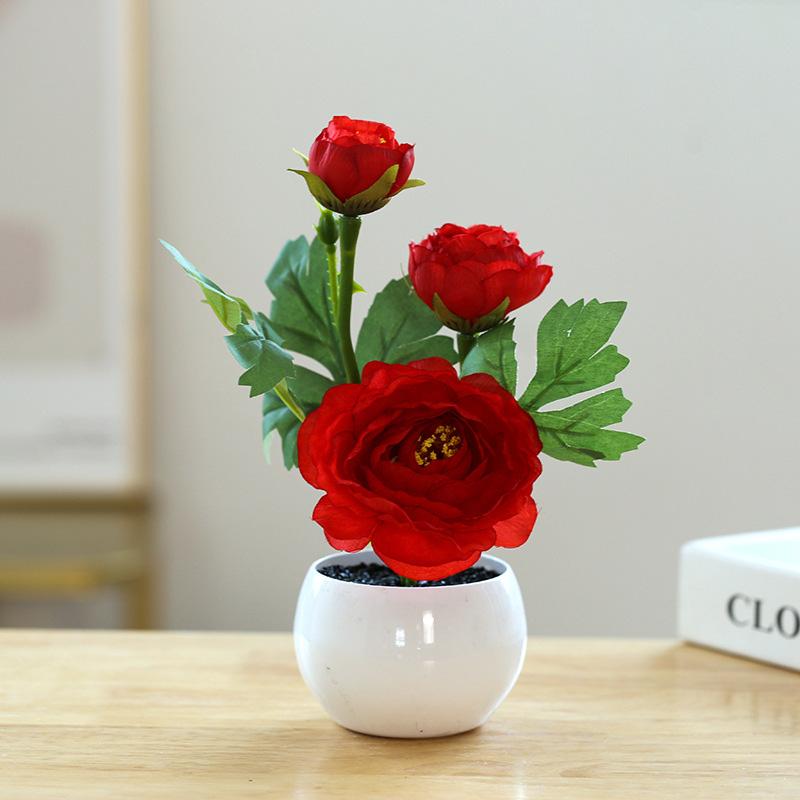 1 STK Hjem Hage Dekor Te Rose 3 Hoder Bord Ornament Falske Blomster Kunstig Blomst Mini Bonsai